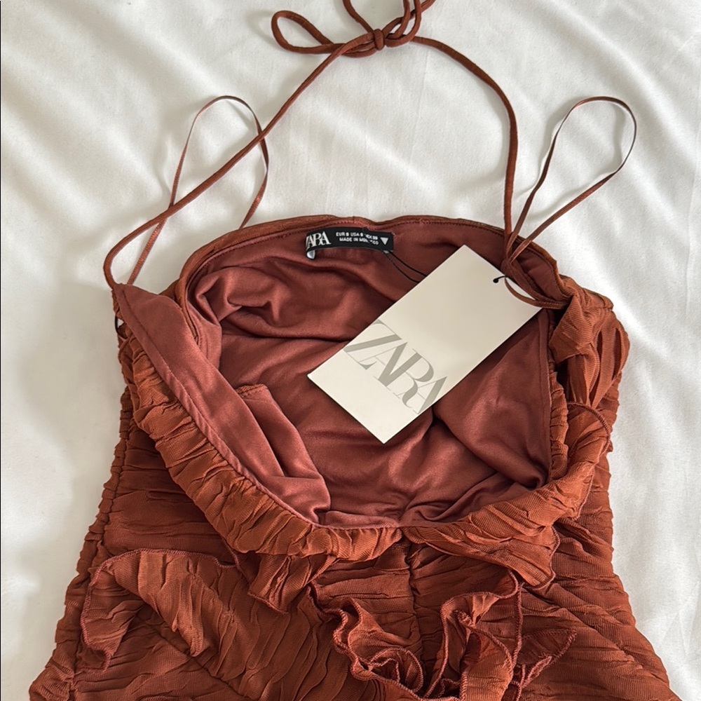 Zara Brown Asymmetrical Ruffled Sundress - Picture 3 of 3